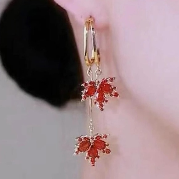 Cubic Zirconia Autumn Leaf Dangle Earrings - Picture 4 of 5